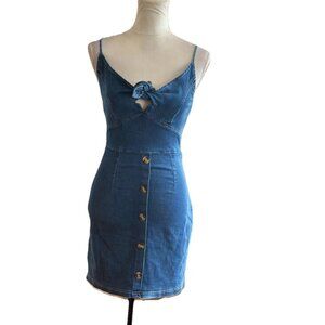 Women’s Babydoll Denim Mini Dress TieFront Bow Smocked Back Y2k Stretchy Sz S